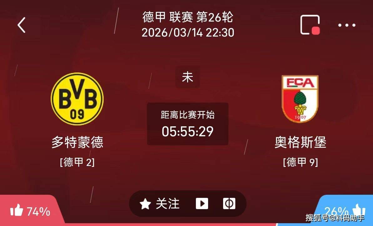 今日足球推荐：3/14 22点30德甲 多特蒙德vs奥格斯堡